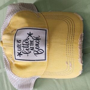 Vintage life distressed denim hat with cute memo patch yellow and tan
